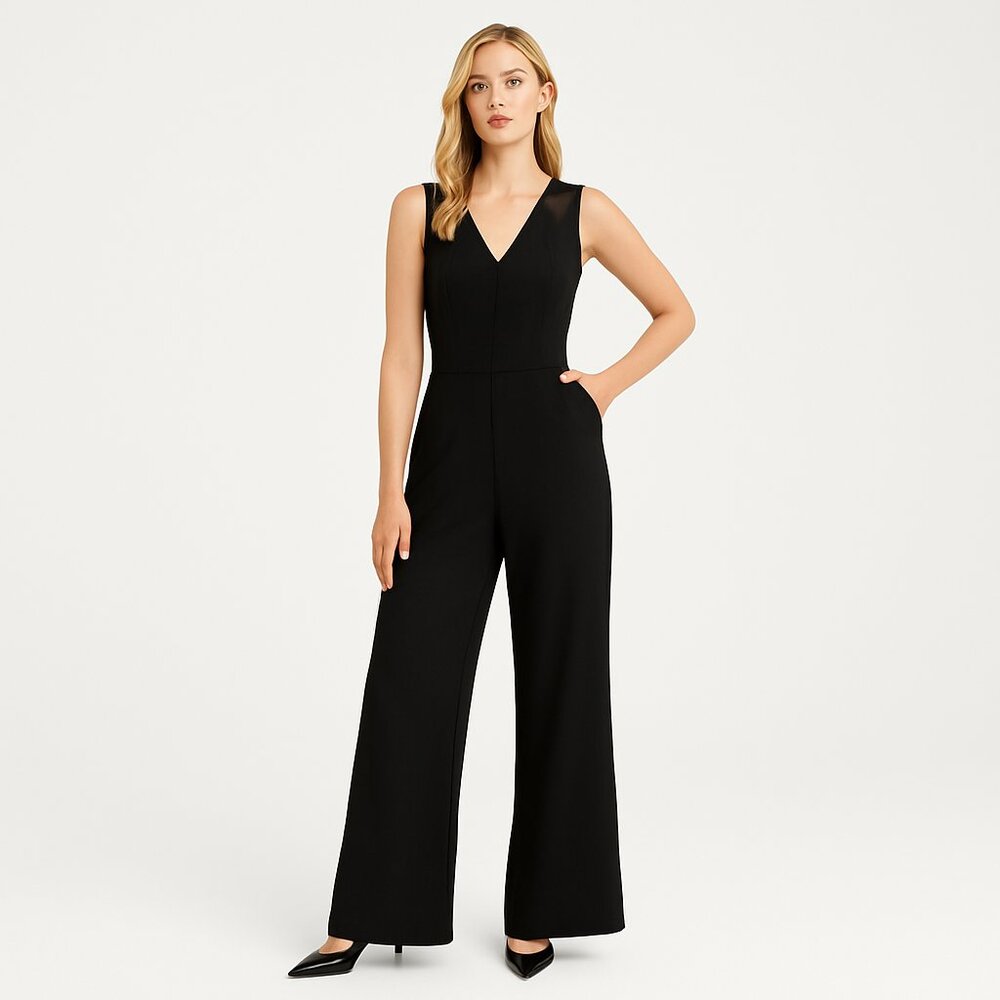 Spanx Perfect Black Sleeveless Jumpsuit Women’s XL V-Neck Wide Leg One Piece